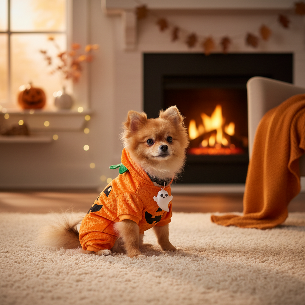Petit chien en costume Halloween orange et noir, ambiance automnale