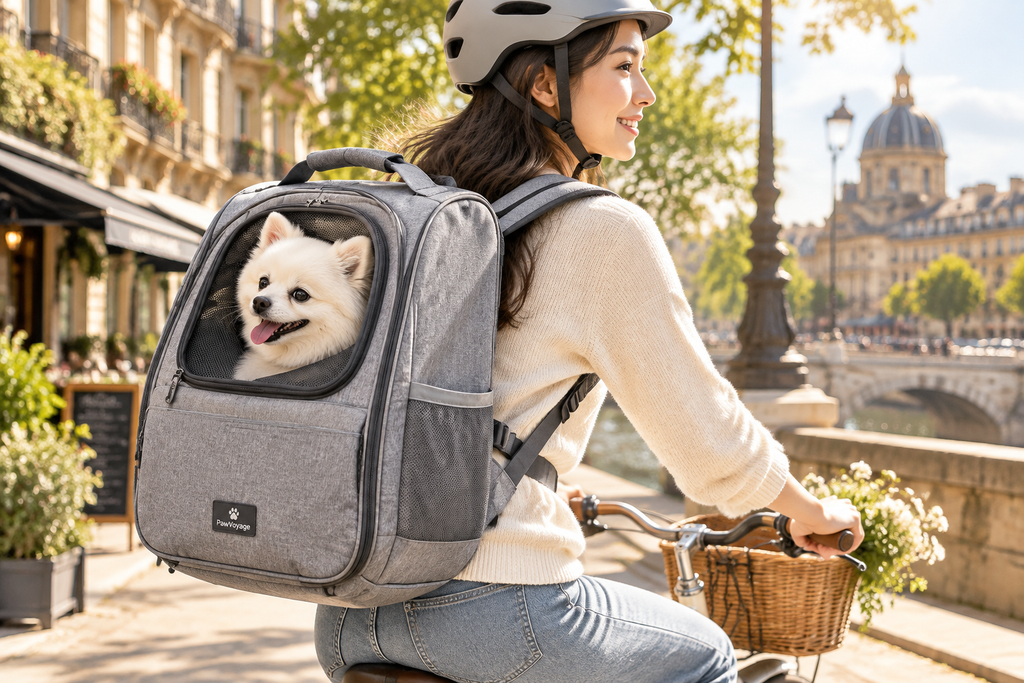 Femme à vélo en ville portant un grand sac à dos de transport gris avec un chien qui pointe la tête par la fenêtre mesh