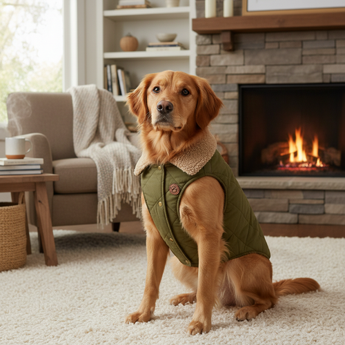 Chien de taille moyenne portant un gilet matelassé chaud, lifestyle, cosy