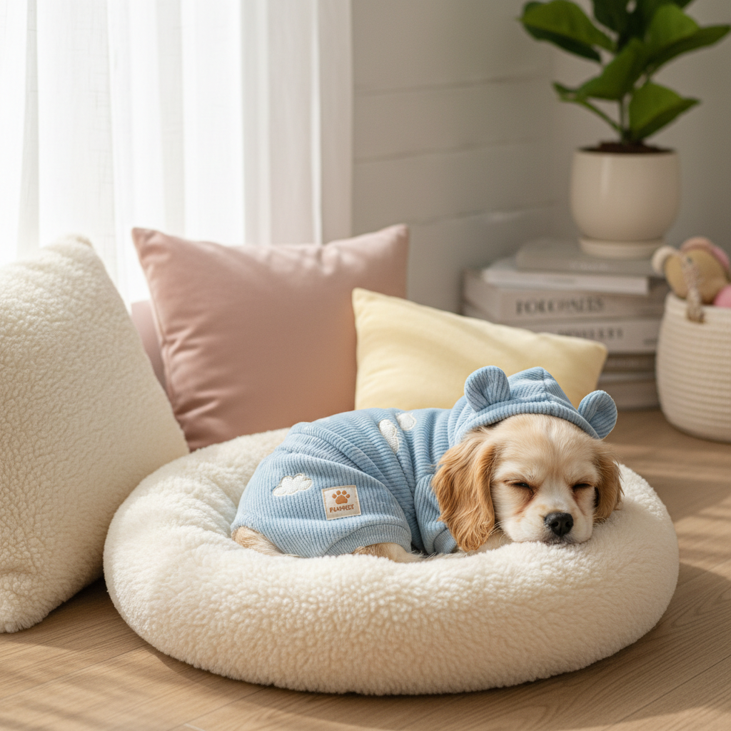 Ensemble deux pièces coordonné pour chien et chat, couleurs douces, lifestyle