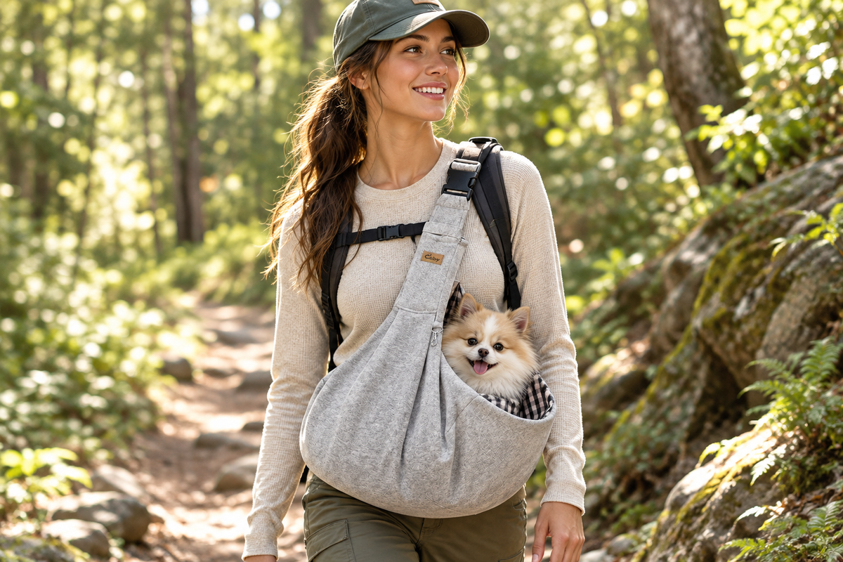 Femme en randonnée portant le sac bandoulière gris avec un petit animal dans un sentier boisé ensoleillé
