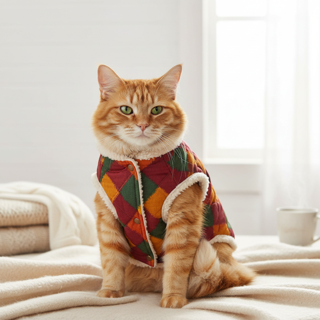 Chat portant un gilet matelassé chaud, ambiance hivernale cosy