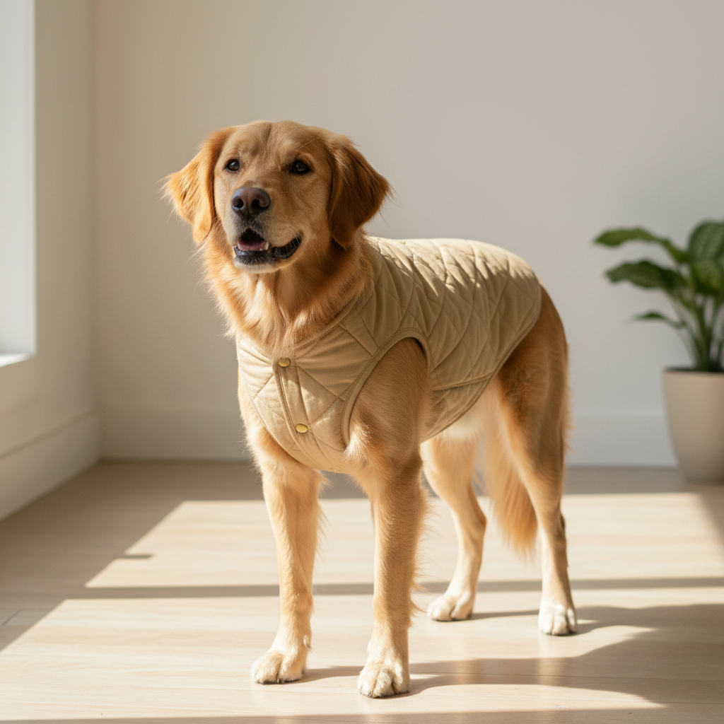 Gilet en coton matelassé pour chien de taille moyenne, lifestyle, tons neutres