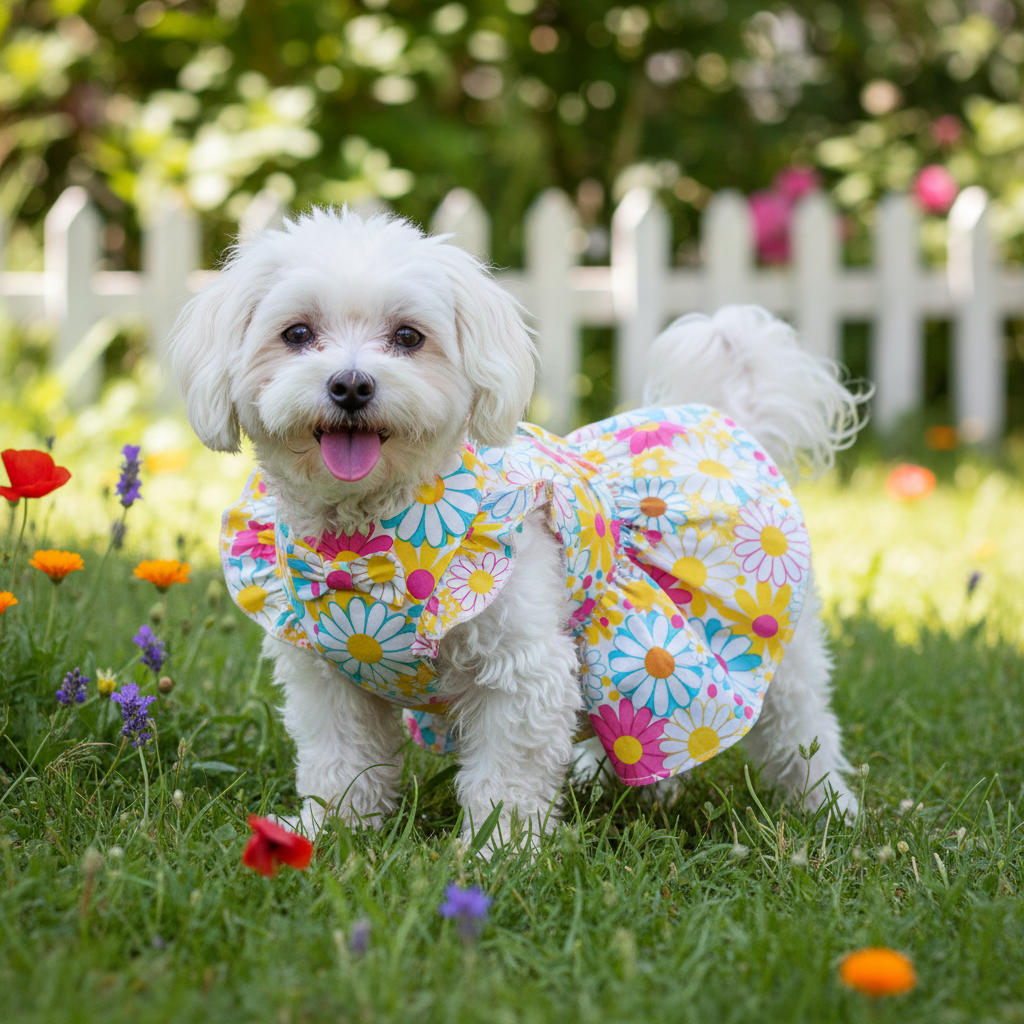 Petit chien en tenue légère et colorée en extérieur par beau temps