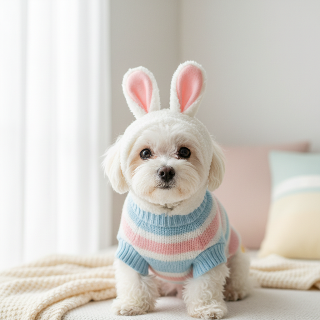 Petit chien avec un pull tricoté et capuche oreilles de lapin, tons pastels